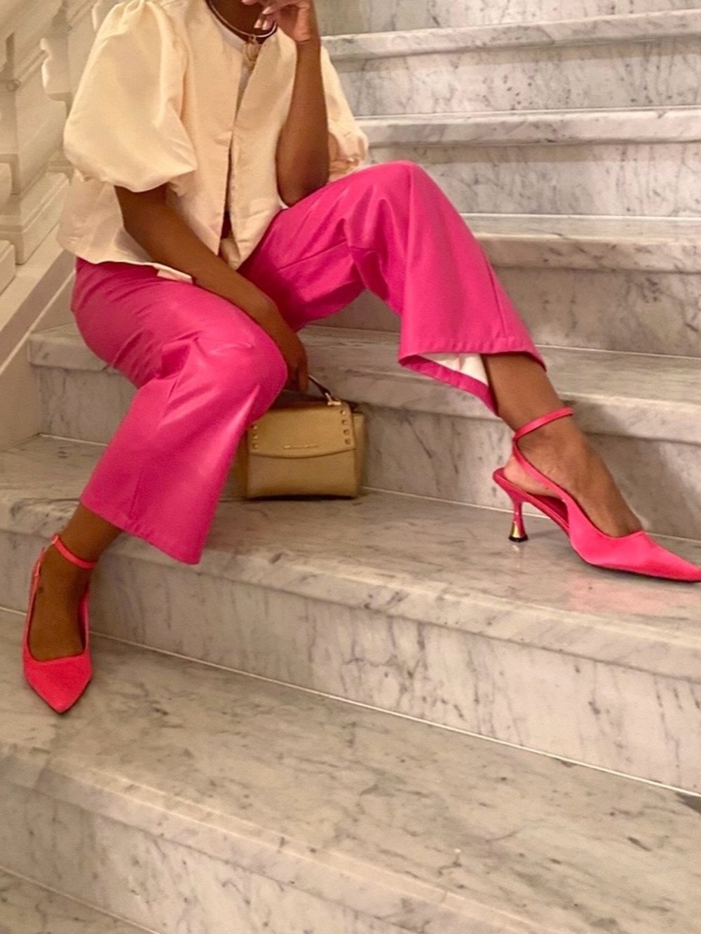 Pink Satin Kitten Heels with Gold Embossed Heel